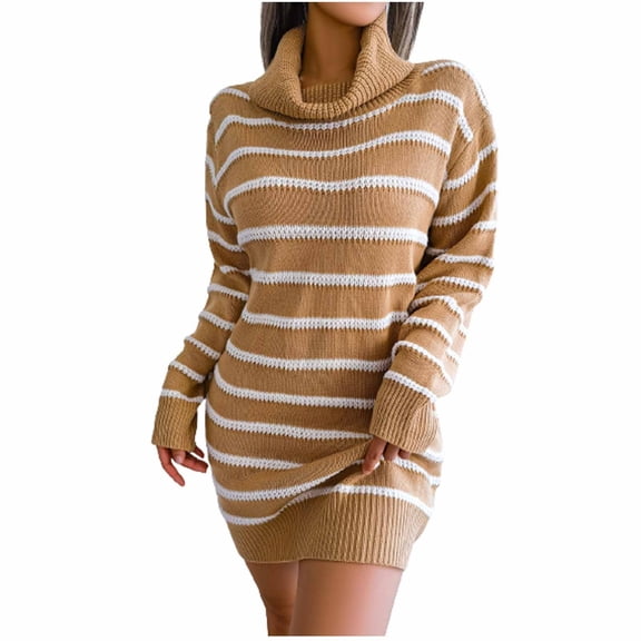 Henpk Summer Dresses for Women Striped T Shirt Dress Casual Midi Dress Short Sleeve Sundress with Pockets Winter Casual Striped Turtleneck Long Sleeve Turtleneck Dress Beige M