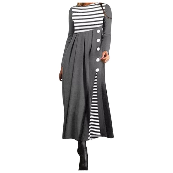 Henpk Summer Dresses for Women Striped T Shirt Dress Casual Midi Dress Short Sleeve Sundress with Pockets Stripe Long Sleeve Patchwork Dress Gray L
