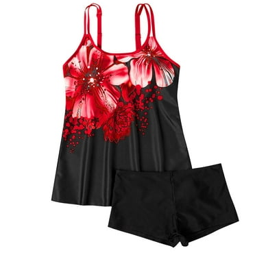 Henpk Tankini Swimsuits for Women Plus Size Two Piece Tummy Control Loose Fit Floral Printed Modest Two Piece Bathing Suits on Clearance Red XL