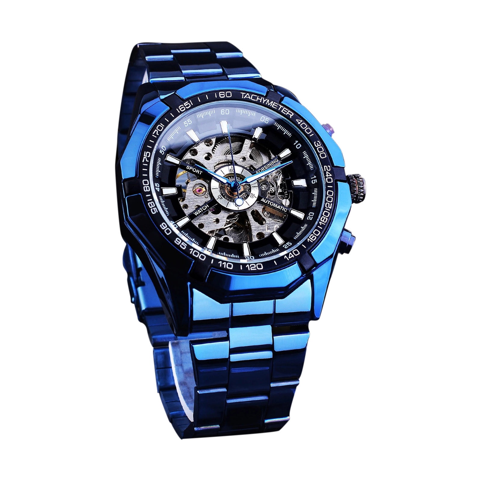 Henpk Tech Deals Clearance Under 5 Men s Watch Self winding Skeleton Mechanical Automatic Luxury Watch Blue And Black Stainless Steel Strap