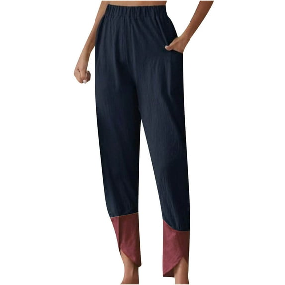 Henpk Womens Cotton Linen Bermuda Shorts Yoga Pants Tummy Control Workout Gym Shorts Loose Fit Casual Pants Elastic Waist Summer Beach Trousers Ladies Active Athletic Zipper Pockets Blue XXL
