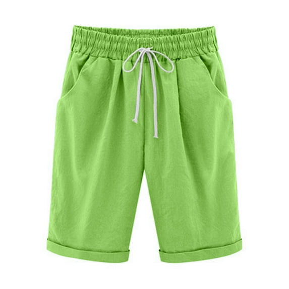 Henpk Womens Cotton Linen Bermuda Shorts Yoga Pants Tummy Control Workout Gym Shorts Loose Fit Casual Pants Elastic Waist Summer Beach Trousers Ladies Active Athletic Zipper Pockets Green XXXL