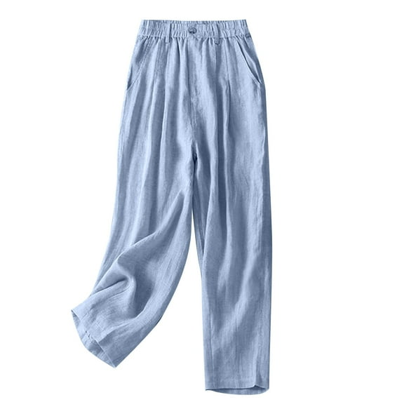Henpk Womens Cotton Linen Bermuda Shorts Yoga Pants Tummy Control Workout Gym Shorts Loose Fit Casual Pants Elastic Waist Summer Beach Trousers Ladies Active Athletic Zipper Pockets Blue XL