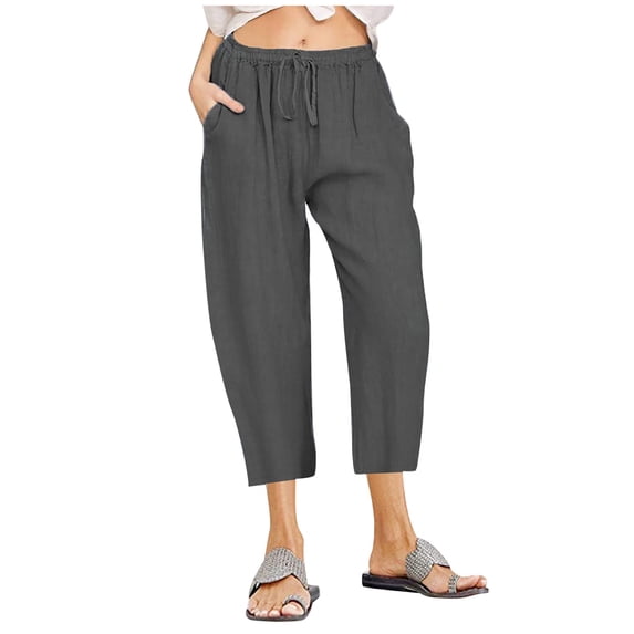 Henpk Womens Cotton Linen Bermuda Shorts Yoga Pants Tummy Control Workout Gym Shorts Loose Fit Casual Pants Elastic Waist Summer Beach Trousers Ladies Active Athletic Zipper Pockets Gray XXXXXL