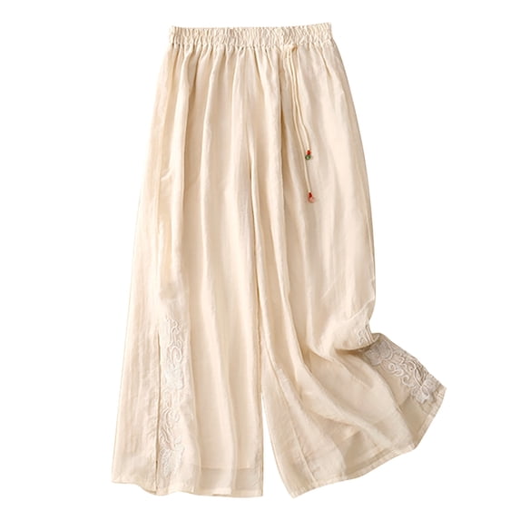 Henpk Womens Cotton Linen Bermuda Shorts Yoga Pants Tummy Control Workout Gym Shorts Loose Fit Casual Pants Elastic Waist Summer Beach Trousers Ladies Active Athletic Zipper Pockets Beige L