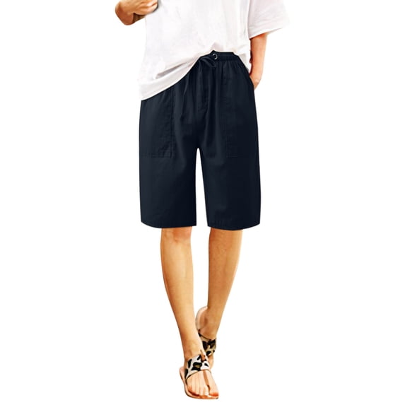 Henpk Womens Cotton Linen Bermuda Shorts Yoga Pants Tummy Control Workout Gym Shorts Loose Fit Casual Pants Elastic Waist Summer Beach Trousers Ladies Active Athletic Zipper Pockets Blue L