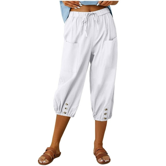 Henpk Womens Cotton Linen Bermuda Shorts Yoga Pants Tummy Control Workout Gym Shorts Loose Fit Casual Pants Elastic Waist Summer Beach Trousers Ladies Active Athletic Zipper Pockets White M