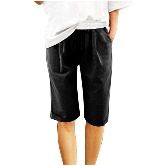 Henpk Womens Cotton Linen Bermuda Shorts Yoga Pants Tummy Control Workout Gym Shorts Loose Fit Casual Pants Elastic Waist Summer Beach Trousers Ladies Active Athletic Zipper Pockets Black XXL