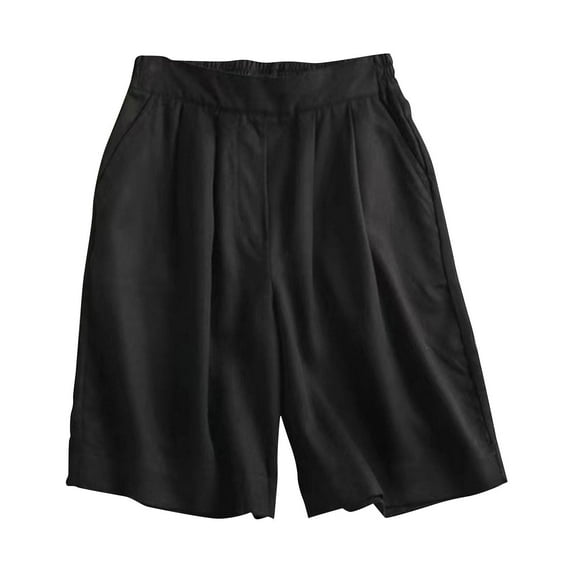 Henpk Womens Cotton Linen Bermuda Shorts Yoga Pants Tummy Control Workout Gym Shorts Loose Fit Casual Pants Elastic Waist Summer Beach Trousers Ladies Active Athletic Zipper Pockets Black L