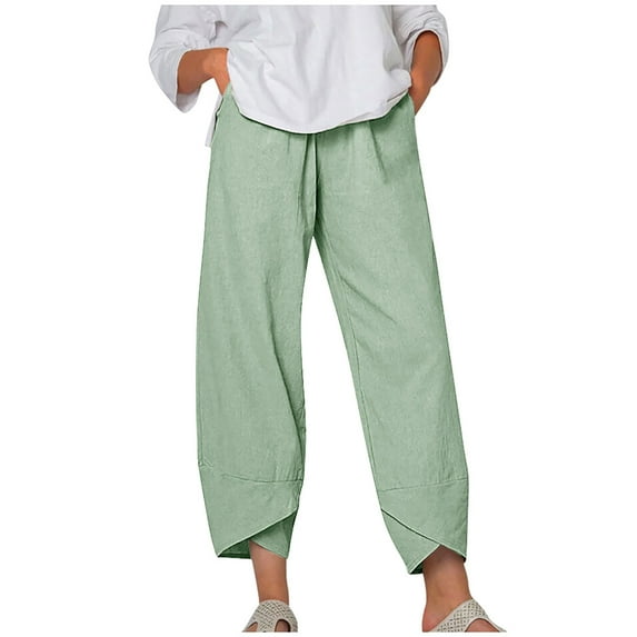 Henpk Womens Cotton Linen Bermuda Shorts Yoga Pants Tummy Control Workout Gym Shorts Loose Fit Casual Pants Elastic Waist Summer Beach Trousers Ladies Active Athletic Zipper Pockets Green XXXL