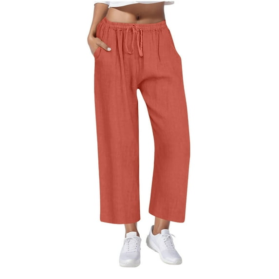 Henpk Womens Cotton Linen Bermuda Shorts Yoga Pants Tummy Control Workout Gym Shorts Loose Fit Casual Pants Elastic Waist Summer Beach Trousers Ladies Active Athletic Zipper Pockets Pink L