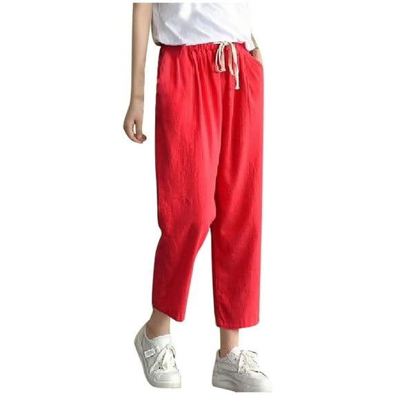 Henpk Womens Cotton Linen Bermuda Shorts Yoga Pants Tummy Control Workout Gym Shorts Loose Fit Casual Pants Elastic Waist Summer Beach Trousers Ladies Active Athletic Zipper Pockets Red XL