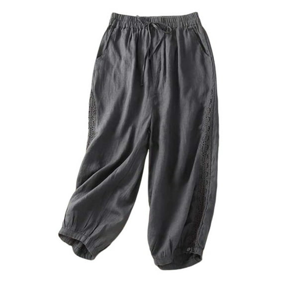 Henpk Womens Cotton Linen Bermuda Shorts Yoga Pants Tummy Control Workout Gym Shorts Loose Fit Casual Pants Elastic Waist Summer Beach Trousers Ladies Active Athletic Zipper Pockets Gray L