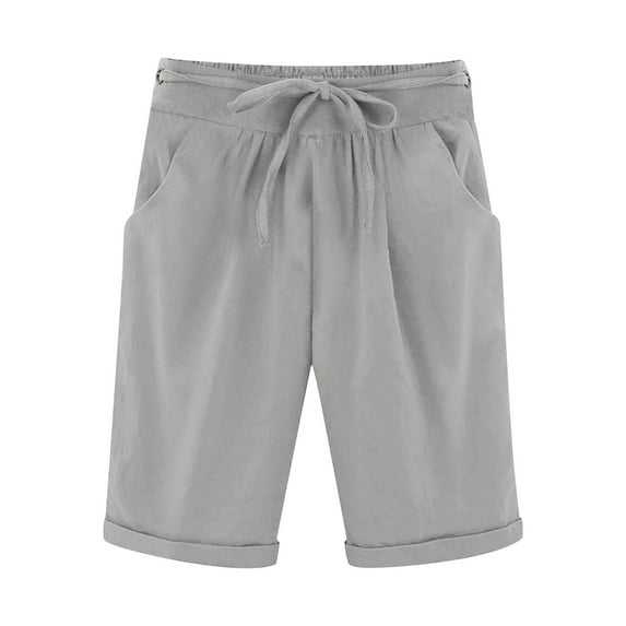 Henpk Womens Cotton Linen Bermuda Shorts Yoga Pants Tummy Control Workout Gym Shorts Loose Fit Casual Pants Elastic Waist Summer Beach Trousers Ladies Active Athletic Zipper Pockets Gray XL