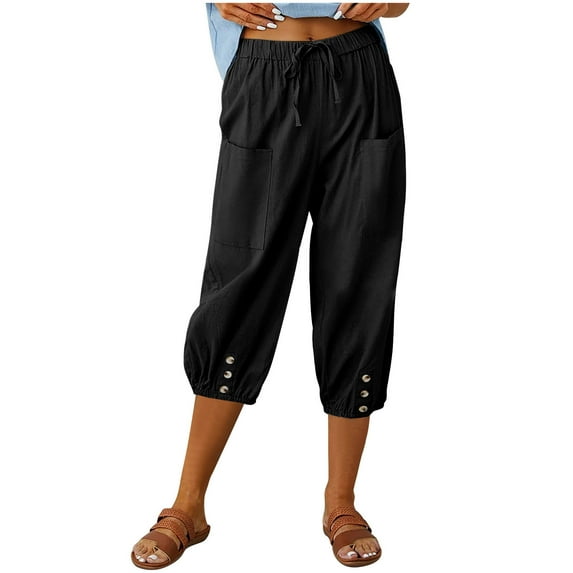 Henpk Womens Cotton Linen Bermuda Shorts Yoga Pants Tummy Control Workout Gym Shorts Loose Fit Casual Pants Elastic Waist Summer Beach Trousers Ladies Active Athletic Zipper Pockets Black L