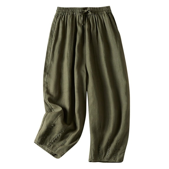 Henpk Womens Cotton Linen Bermuda Shorts Yoga Pants Tummy Control Workout Gym Shorts Loose Fit Casual Pants Elastic Waist Summer Beach Trousers Ladies Active Athletic Zipper Pockets Green XXL