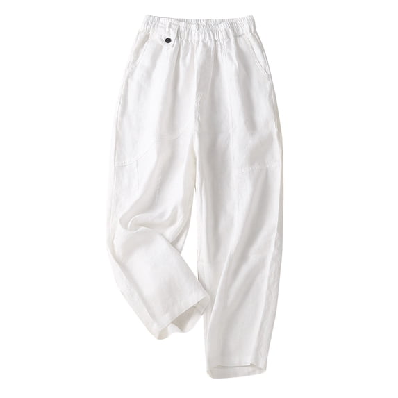Henpk Womens Cotton Linen Bermuda Shorts Yoga Pants Tummy Control Workout Gym Shorts Loose Fit Casual Pants Elastic Waist Summer Beach Trousers Ladies Active Athletic Zipper Pockets White L