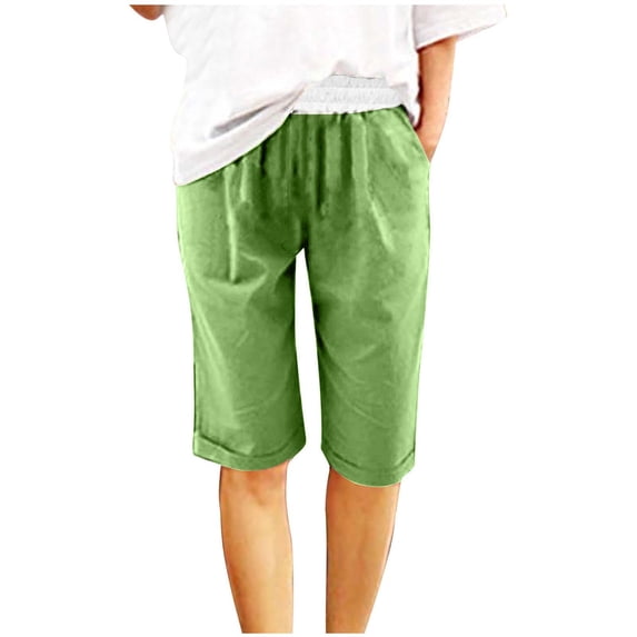 Henpk Womens Cotton Linen Bermuda Shorts Yoga Pants Tummy Control Workout Gym Shorts Loose Fit Casual Pants Elastic Waist Summer Beach Trousers Ladies Active Athletic Zipper Pockets Green L