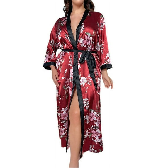 Henpk Womens Dresses Spring Summer Plus Size Casual Satin Silk Pajamas Cardigan Nightdress Bathrobe Ladies Robes Underwear Sleepwear Red XL