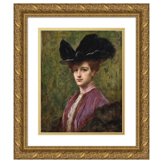 Henri Adrien Tanoux 12x14 Gold Ornate Wood Frame and Double Matted Museum Art Print Titled - An Elegant Lady in a Black Hat (1900)
