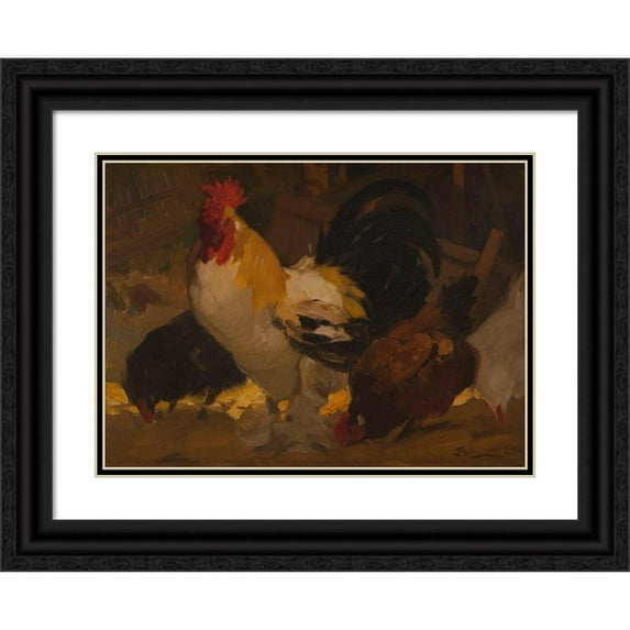 Henri Deluermoz 14x11 Black Ornate Wood Framed Double Matted Museum Art Print Titled: Rooster and Hens (1912)