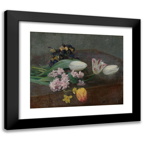 Henri Fantin-Latour 14x12 Black Modern Framed Museum Art Print Titled - Hyacinths, Tulips and Thoughts Placed on a Table (1871)