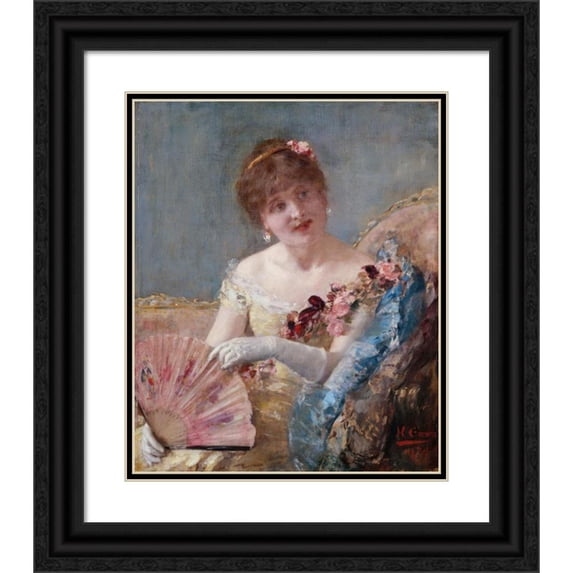 Henri Gervex 20x24 Black Ornate Framed Double Matted Museum Art Print Titled: Woman with a Fan (Portrait De Rejane) (1879)