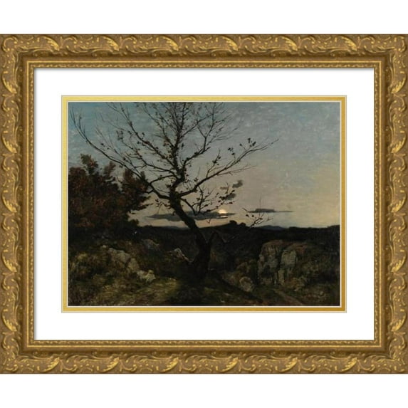 Henri-Joseph Harpignies 18x14 Gold Ornate Wood Frame and Double Matted Museum Art Print Titled - Moonlight Near Marseille (1889)