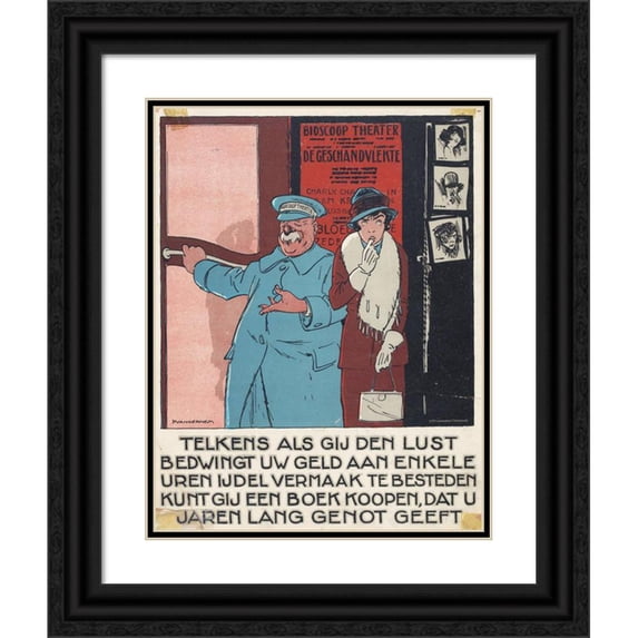 Henri Lankhout 12x14 Black Ornate Wood Framed Double Matted Museum Art Print Titled: Entrance to a Cinema with a Woman and a Porter (1921)