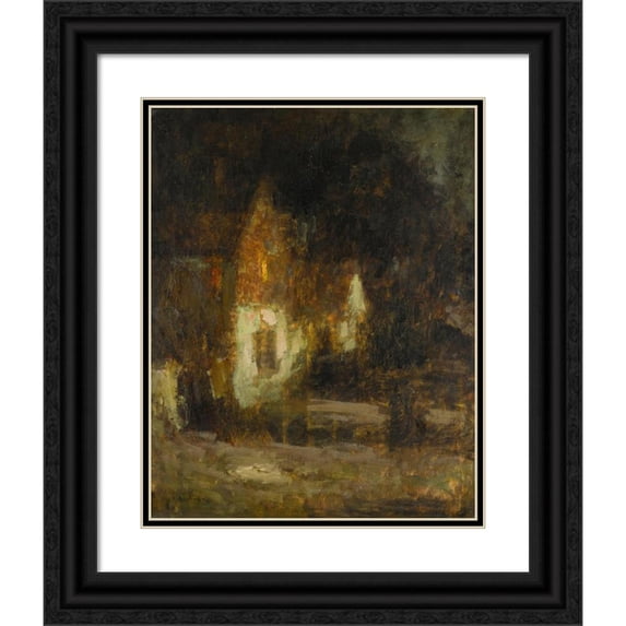 Henri Le Sidaner 12x14 Black Ornate Wood Framed Double Matted Museum Art Print Titled: House in the Moonlight, Gerberoy (1902)