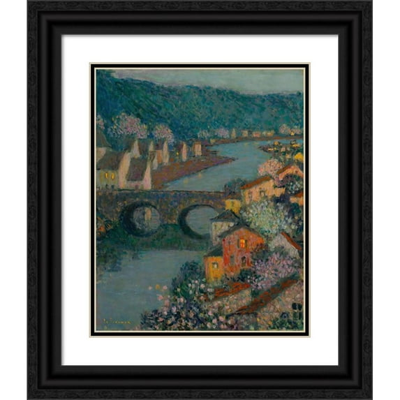 Henri Le Sidaner 12x14 Black Ornate Wood Framed Double Matted Museum Art Print Titled: The Houses on the River (circa 1938)