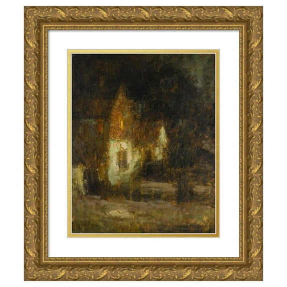 Henri Le Sidaner 12x14 Gold Ornate Wood Frame and Double Matted Museum Art Print Titled - House in the Moonlight, Gerberoy (1902)