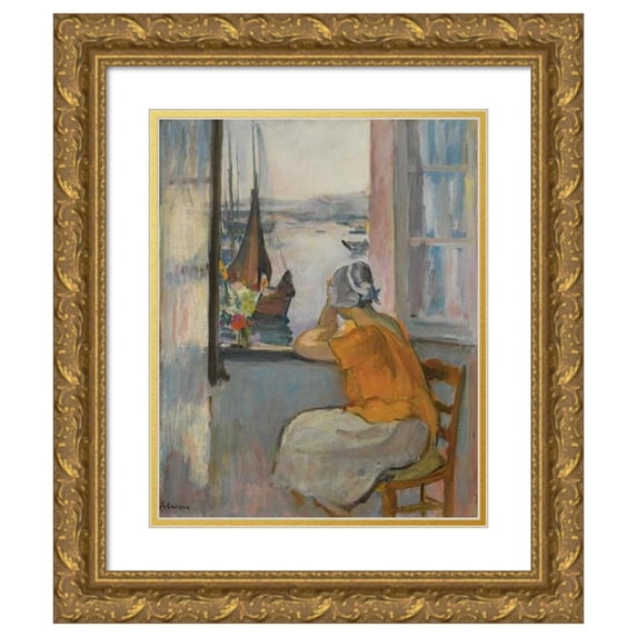 Henri Lebasque 15x17 Gold Ornate Wood Frame and Double Matted Museum Art Print Titled - Young Woman in Front of the Window Open to the Island of Yeu