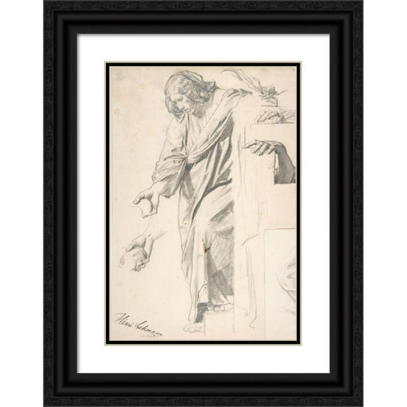 Henri Lehmann 14x18 Black Ornate Wood Framed Double Matted Museum Art Print Titled - Standing Draped Female Figure (19th Century)