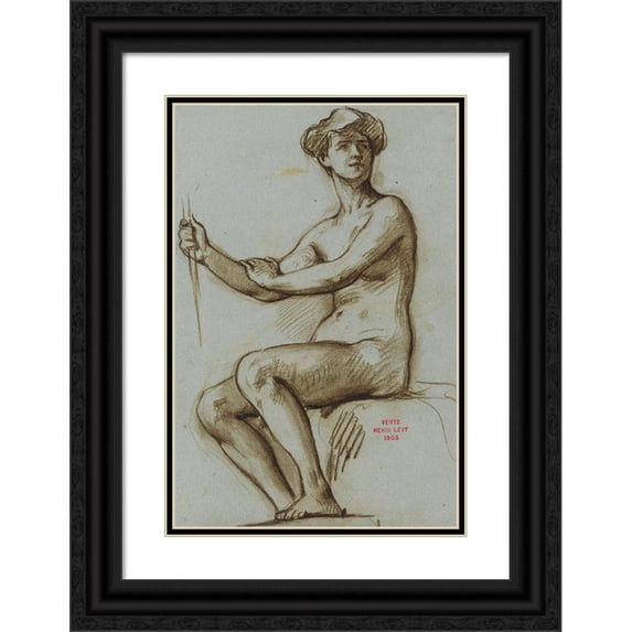 Henri Leopold Lévy 13x18 Black Ornate Wood Framed Double Matted Museum Art Print Titled - Study of a Young Woman Sitting Holding an Object in the Right Hand