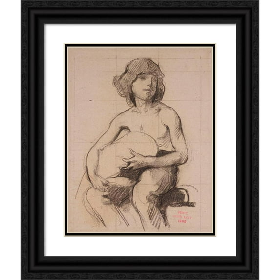 Henri Leopold Lévy 15x18 Black Ornate Wood Framed Double Matted Museum Art Print Titled - Study of a Young Man Sitting Holding Something in His Hands