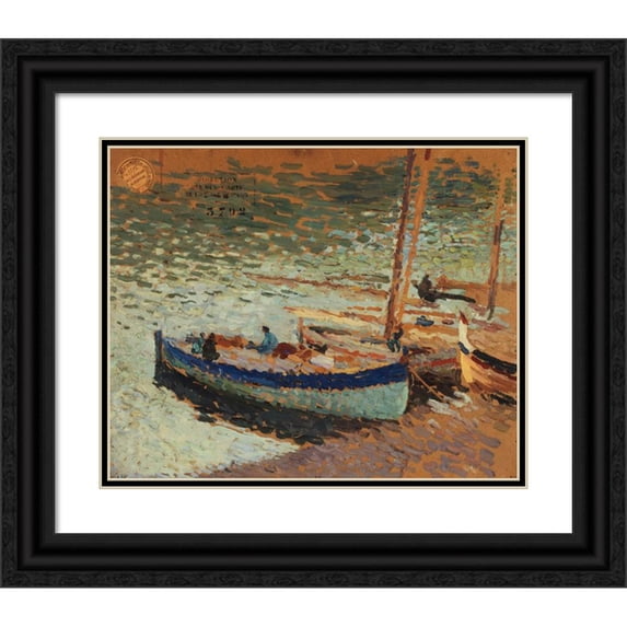 Henri Martin 14x12 Black Ornate Wood Framed Double Matted Museum Art Print Titled: Bouquet of Blueberries-Boats at the Port (1930-1932)
