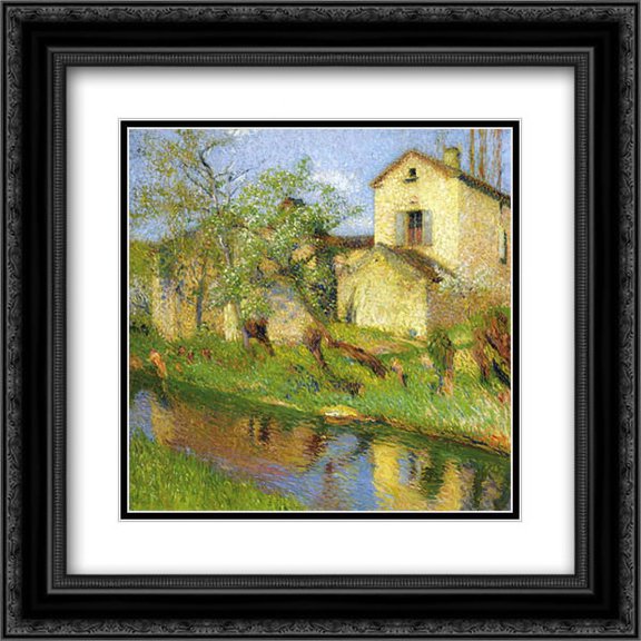 Henri Martin 2x Matted 22x20 Black Ornate Framed Art Print 'House on Stream'