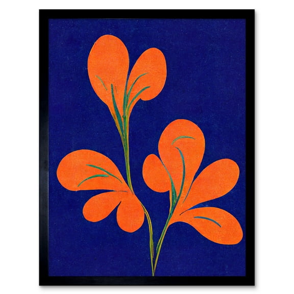 Henri Matisse Inspired Bright Abstract Orange Flower Blooms On Royal Blue Art Print Framed Poster Wall Decor 12x16 inch