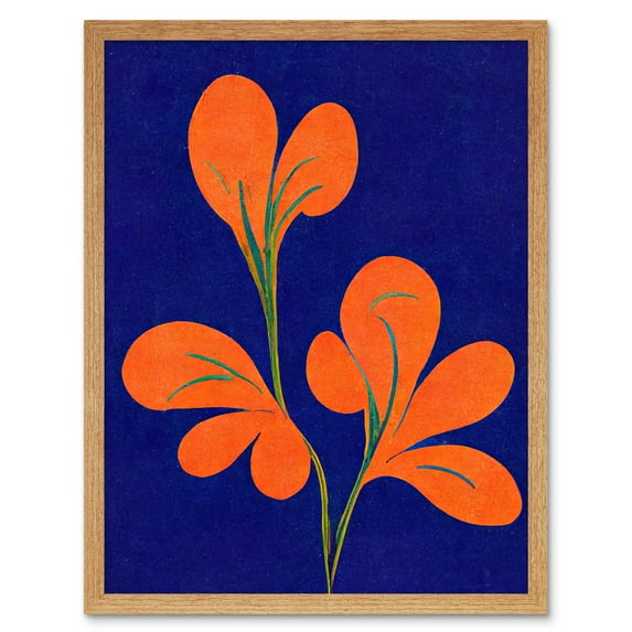 Henri Matisse Inspired Bright Abstract Orange Flower Blooms On Royal Blue Art Print Framed Poster Wall Decor 12x16 inch