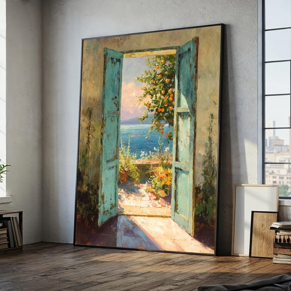 Henri Matisse Mediterranean Canvas Painting – Ready To Hang Wall Art Gift – Open Door Sea View For Living Room Coastal Home Décor, Stretched Canvas Size 16x24