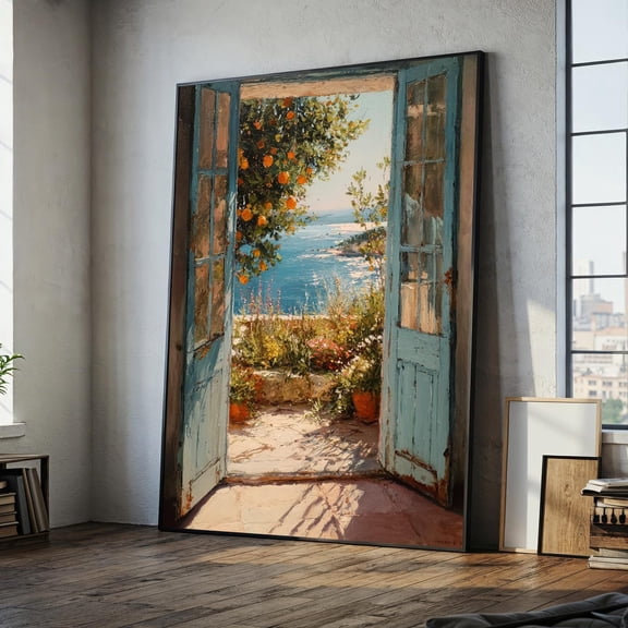 Henri Matisse Open Door Canvas Painting – Ready To Hang Mediterranean Wall Art Gift – Seaside Balcony View For Living Room Or Beach Home, Stretched Canvas Size 12x18