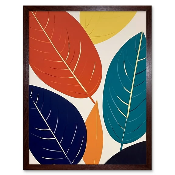 Henri Matisse Style Leaves Linocut Painting Blue Yellow Orange Botanical Boho Leaf Art Print Framed Poster Wall Decor 12x16 inch