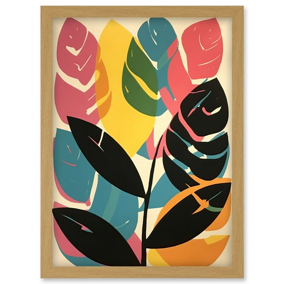 Henri Matisse Style Leaves Linocut Pink Yellow Blue Botanical Bright Boho Leaf Artwork Framed Wall Art Print A4