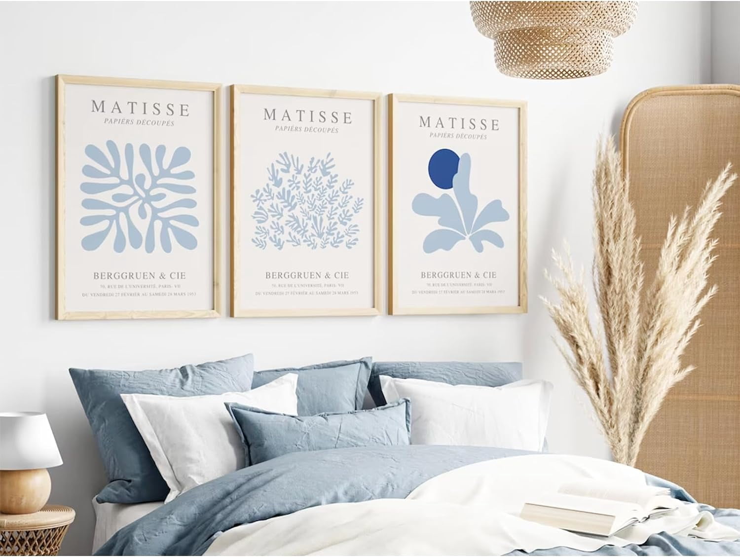 Henri Matisse Wall Art Prints Abstract Aesthetic Canvas Wall Art Blue Wall Decor Abstract Matisse Poster Minimalist Pictures Flower Market Painting for Bathroom 12x16 Inch Framed Set of 3