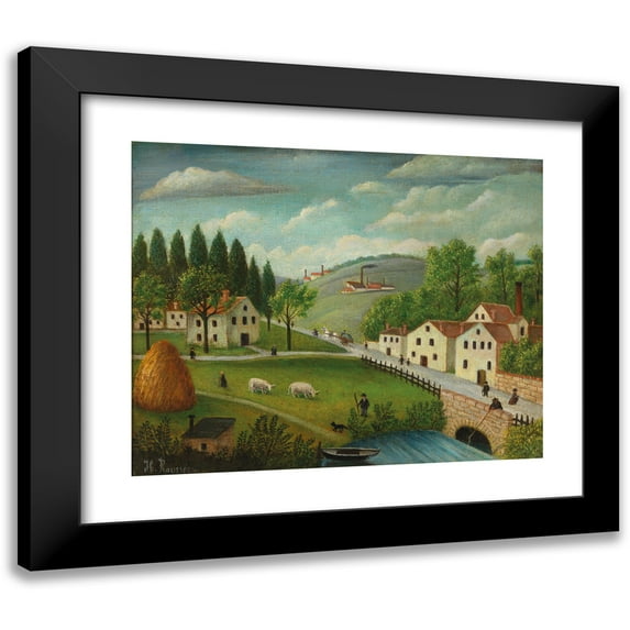 Henri Rousseau 14x12 Black Modern Framed Museum Art Print Titled - Pastoral Landscape with Stream, Fisherman and Strollers (C. 1875-1880)