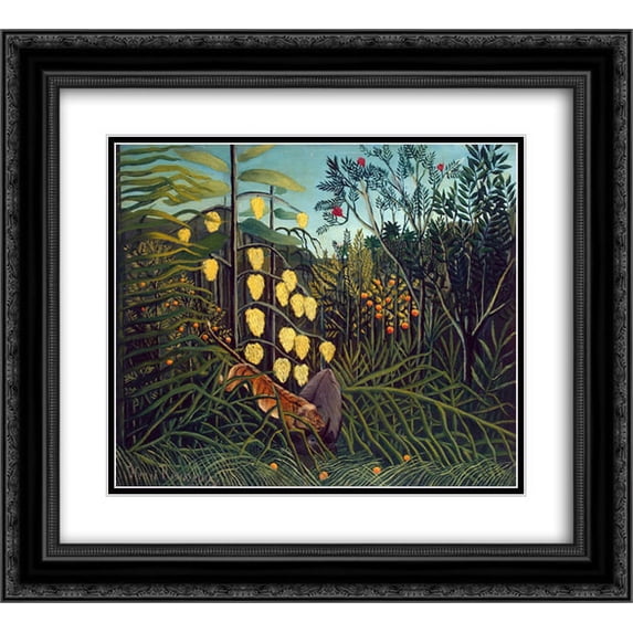 Henri Rousseau 2x Matted 24x20 Black Ornate Framed Art Print 'Tropical Forest Battling Tiger and Buffalo '