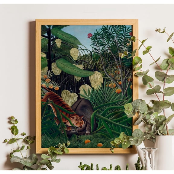 Henri Rousseau Tiger Vs Buffalo Art Poster, Botanical Jungle Wall Art, Stretched Canvas Size 16x24