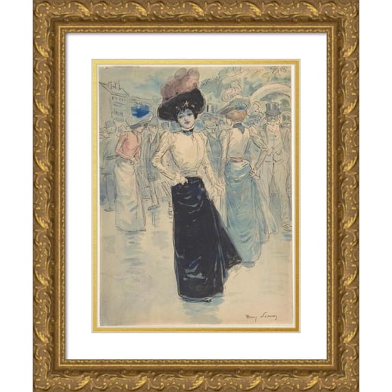 Henri Somm 19x24 Gold Ornate Framed and Double Matted Museum Art Print Titled - A Parisienne on Crowded Street (1844-1907)