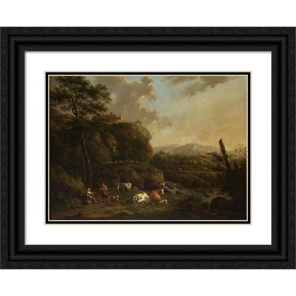 Henricus Josephus Antonissen 24x19 Black Ornate Framed Double Matted Museum Art Print Titled: Mountain Landscape with Shepherds